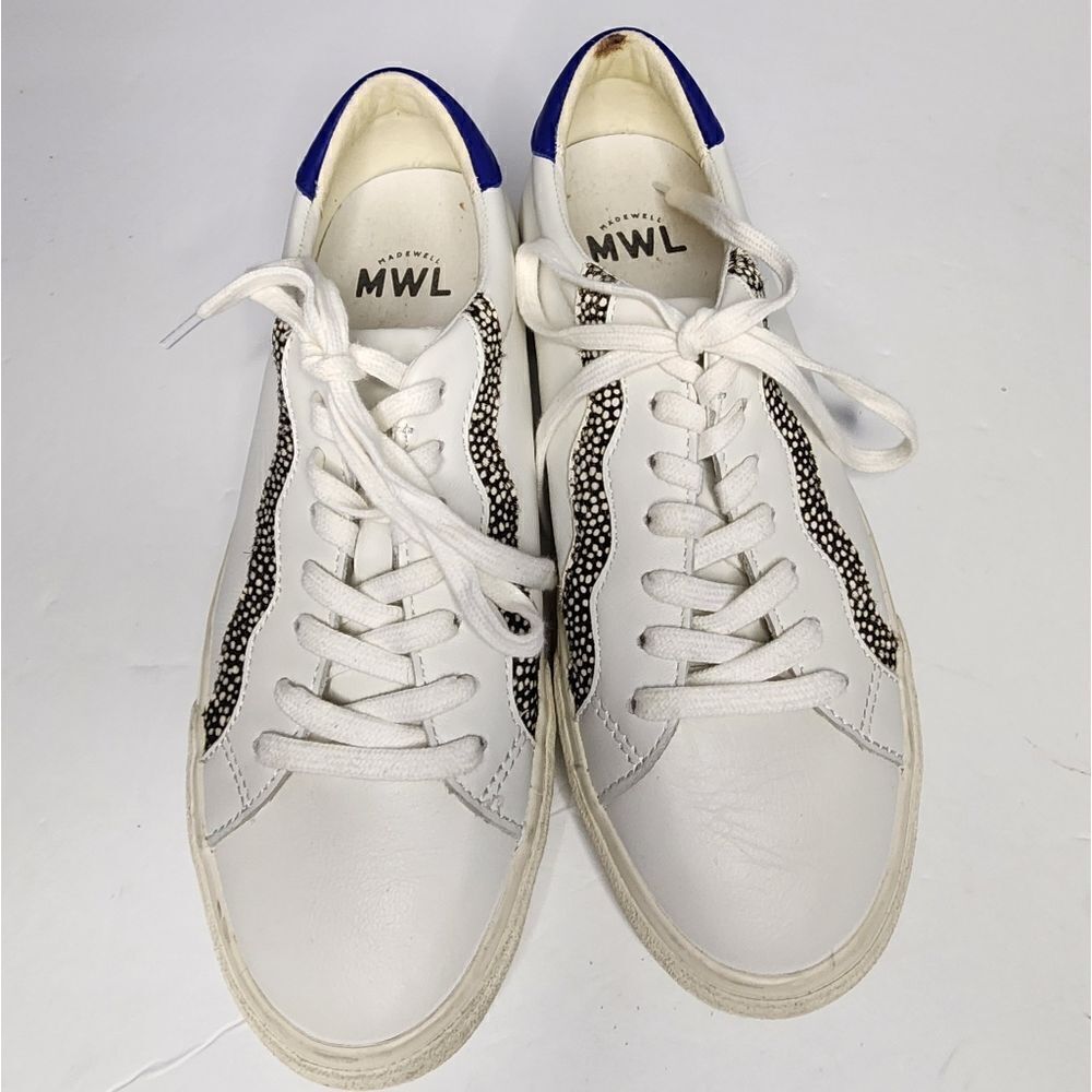 Madewell Sidewalk White Low-Top Sneakers in Leather & Calf Hair Sz 9.5